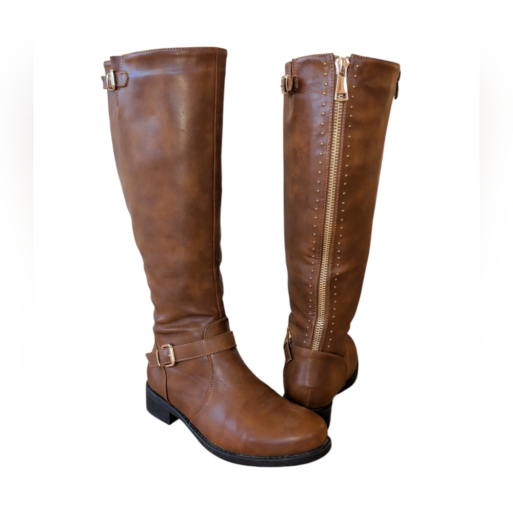 Dream Pairs Intruder-3 Stud Embellished Heeled Tall Boots 9.5 Brown Full Zipper
